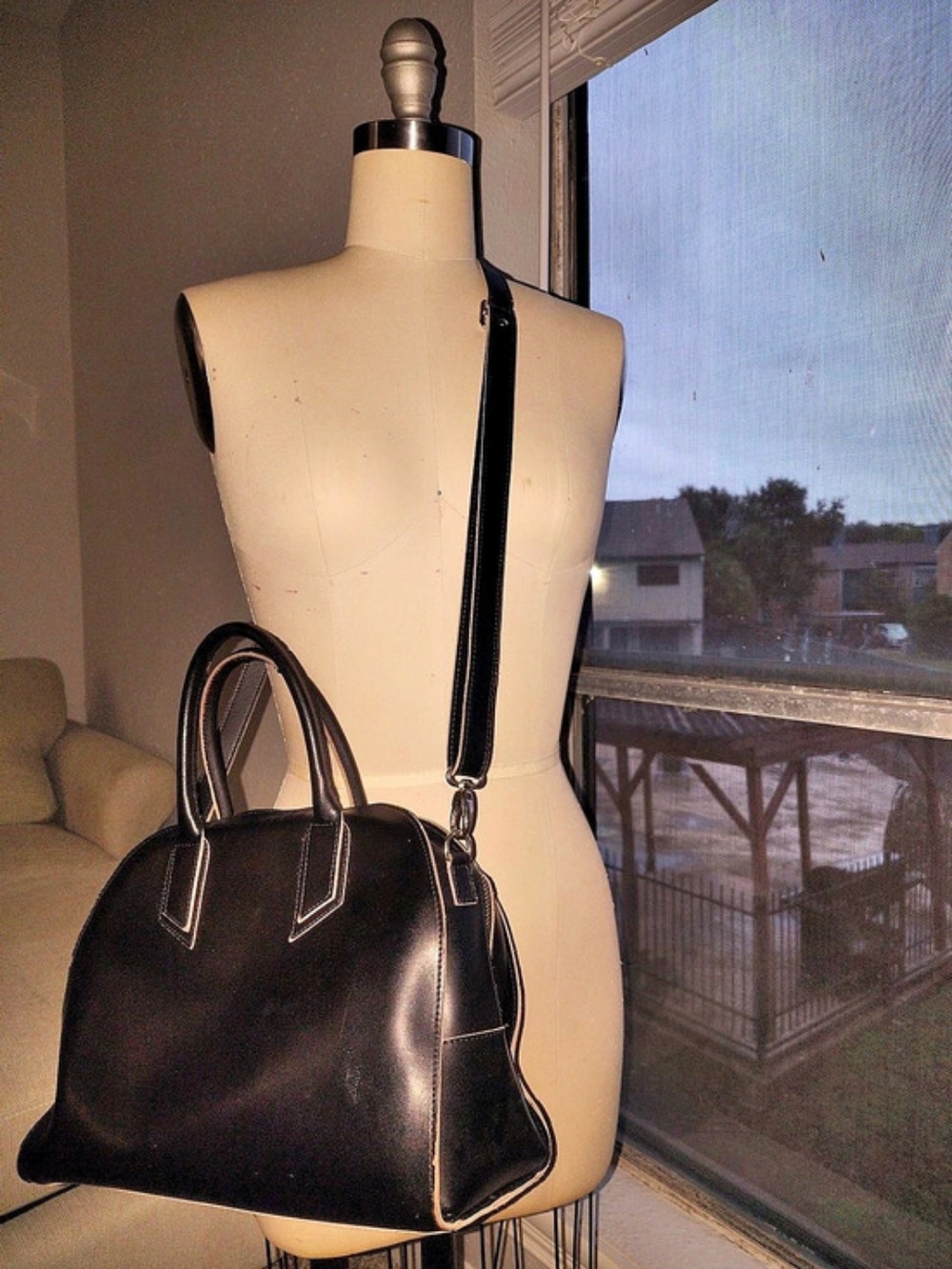 Black Leather Satchel Cross Body Bag In Black